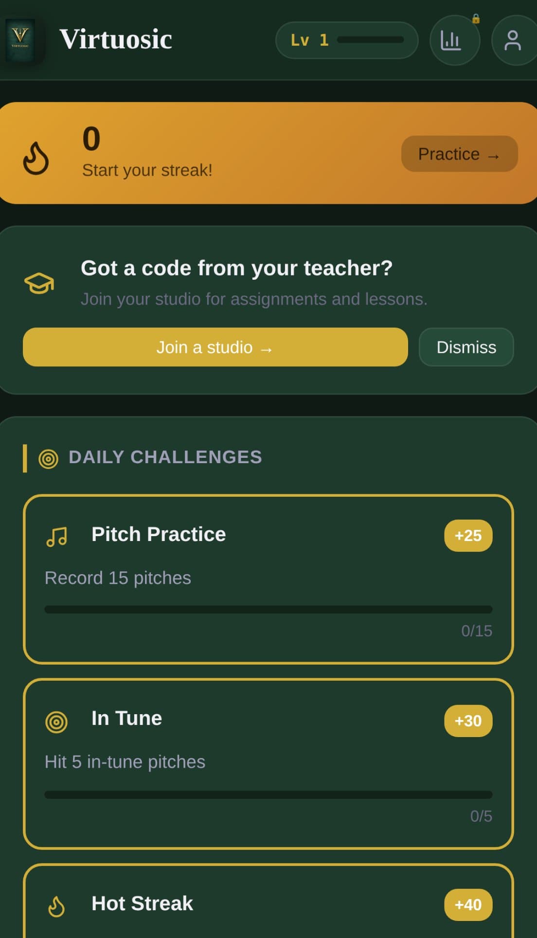 Virtuosic home tab with streak banner and daily challenges