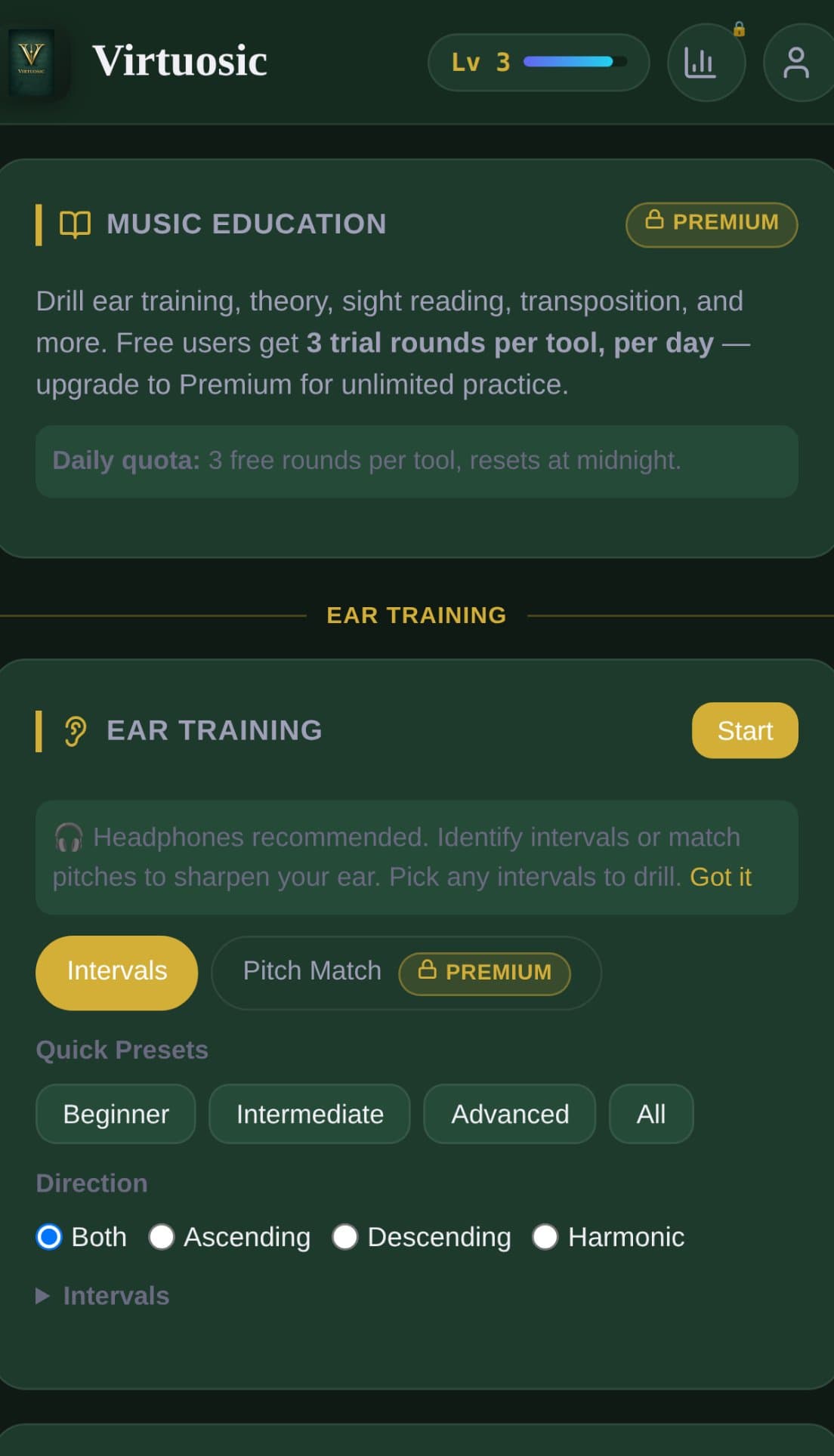 Virtuosic Learn tab with ear training and theory tools